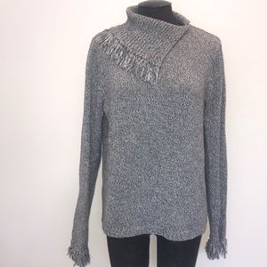Jeanne Pierre sz L fringed grey black blue sweater